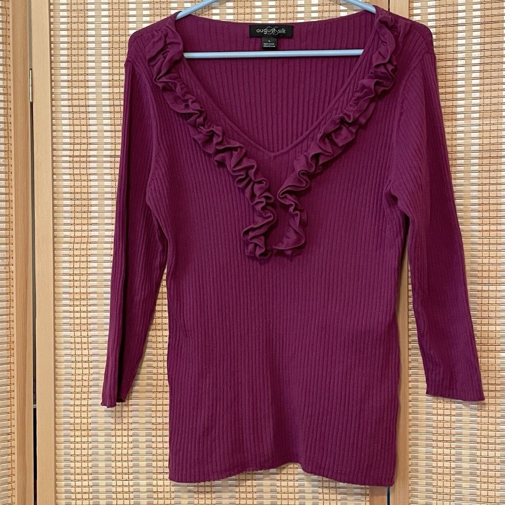 August Silk Womens L Knit Sweater Purple Ruffles V-neck 3/4 Sleeves Preppy Y2K